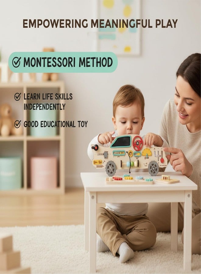 The Funny Mind Retro Car Wooden Busy Board for Toddlers & Kids - 12 Activities Montessori Educational Toy, Sensory Learning Game for 1-5 Years, Colorful, Durable & Safe - Image 3